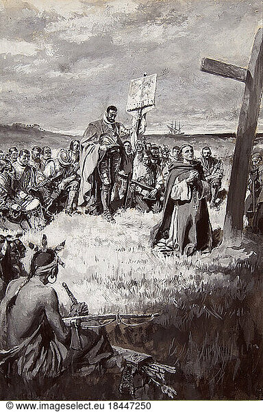 Cartier  Jacques French navigator (in 1535/36 sailed the St. Lawrence River in North America up the Montreal area) 1491–1557.'Jacques Cartier setting up a cross at Gaspe'.Illustration  1883  by Howard Pyle (1853-1911) for 'The French Voyageurs ' by Thomas Wentworth Higginson  in Harper's New Monthly Magazine  March 1883.Gouache on illustration board  44.5 x 29.8 cmInv. 1923-31Gift of Willard S. Morse  1923Wilmington  Delaware Art Museum.
