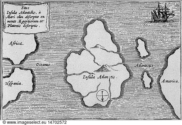 cartography  maps  Atlantis  copper engraving  'Mundus Subterraneus' by Athanasius Kircher  Amsterdam  1665