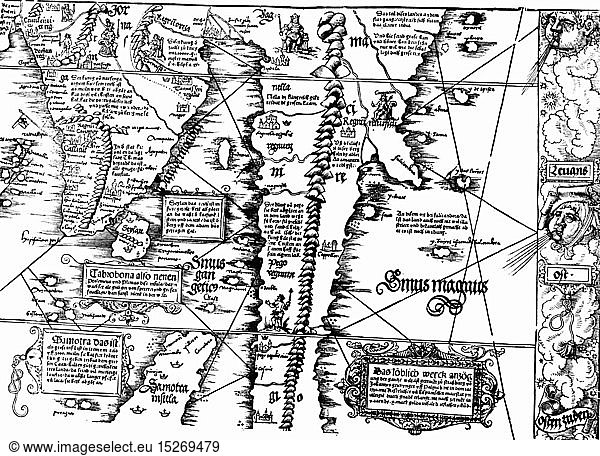 cartography  maps  South India and South-East Asia  'Carta Marina Navigatoria Portugallensis'  detail  woodcut  Germany  1525