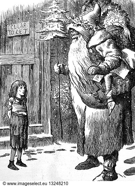 Cartoon depicting Santa Claus visiting a young destitute girl