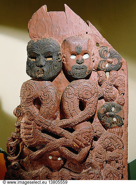 Carving from the front of a storehouse depicting the Maori gods  Rangi the sky father and Papa the earth mother  as a copulating couple  In Maori myth they were finally separated from their embrace only by the intervention of Tane  god of the forests. New Zealand. Maori. 18th c