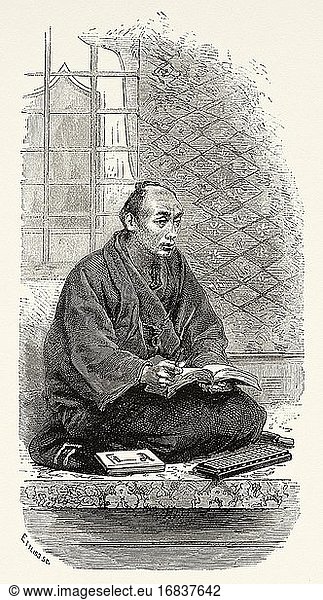 Cashier in a store  Tokyo  Japan. Old 19th century engraved illustration Travel to Japan by Aime Humbert from El Mundo en La Mano 1879.