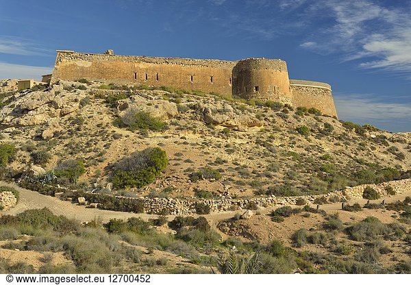 Castillo de San Ramon. Coastal landscape north of playazo. Almeria province  Andalusia  Spain.