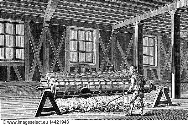 Casting cannon: tapping furnace to allow molten metal to run into the moulds a feet of workmen on left. On right  puddler is skimming off impurities. From Denis Diderot "Encyclopedie"  Paris  1751-1780.