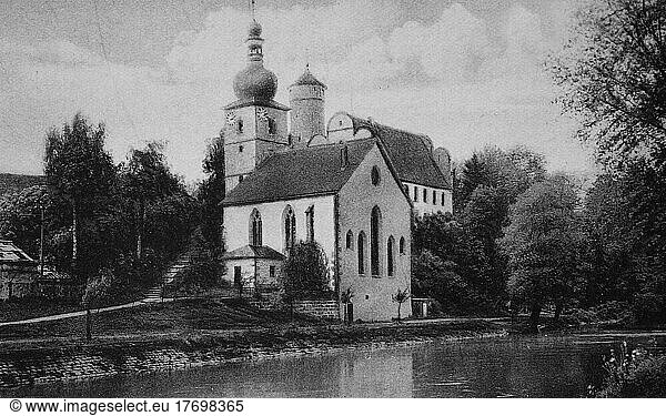 Castle and church of Strößendorf am Main  ca 1910  district of Lichtenfels  Upper Franconia  Bavaria  Germany  Historical  digitally restored reproduction of an original from the early 20th century  exact date unknown  Europe