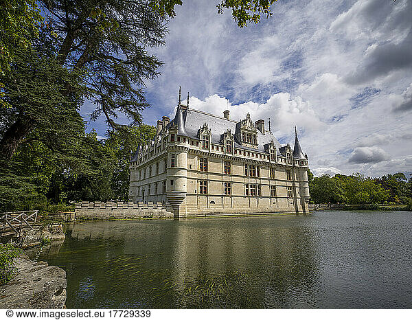 Castle of Azay-le-Rideau reflected in lake in a sunny day with clouds  UNESCO World Heritage Site  Azay-le-Rideau  Indre et Loire  Centre-Val de Loire  France  Europe
