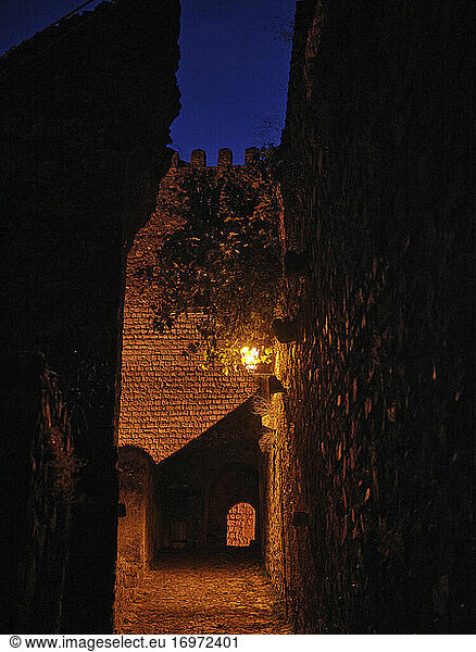 Castle pathway at night with street lamp