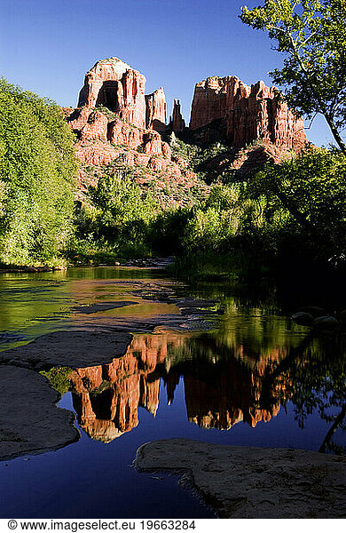 Cathedral Rock reflected in Oak Creek  Sedona  Arizona.
