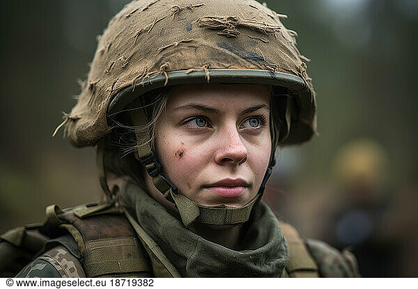 Caucasian female soldier at the battlefield. Generative AI.