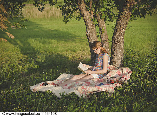 Caucasian girl reading book under tree in field