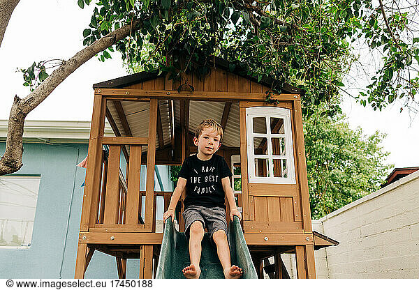 Caucasian preschooler waits to go down slide in treehouse in backyard