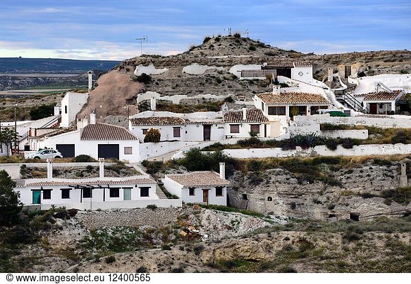 Cave houses in Galera village - unspoilt cave country in mountainous region of northern Andalusia  between the Sierra Nevada and the Sierra de Castril  there are cave houses in entire village  municipality Huéscar  province of Granada  Andalusia  Spain  Europe