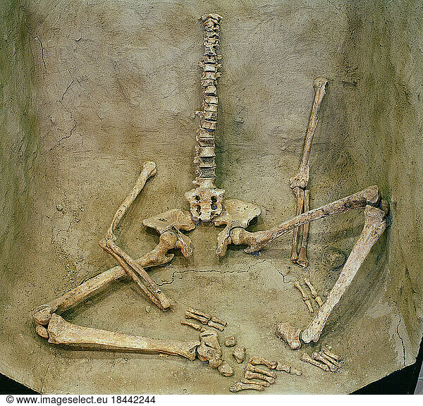 Celtic  2nd Century BC.Reconstruction of a Celtic burial after an original burial grave found in Acy-Romance  France.Photo.