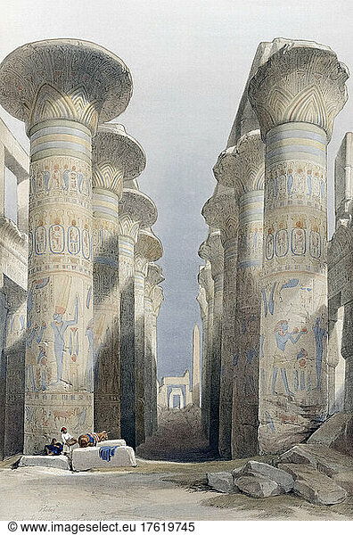 Central avenue of the Great Hall of Columns  Karnac  Egypt. After a work by Scottish artist David Roberts  1796-1864 and Belgian lithographer Louis Haghe  1806-1885. From volume 4 of The Holy Land  Syria  Idumea  Arabia  Egypt  and Nubia. The six volumes were published between 1842 and 1849.