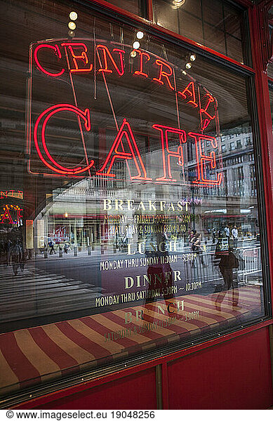 Central Cafe window with Grand Central Station reflection.
