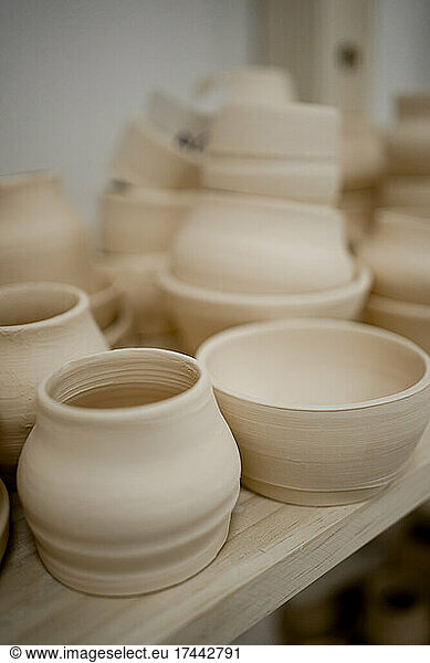 Ceramics pottery arranged n workshop table