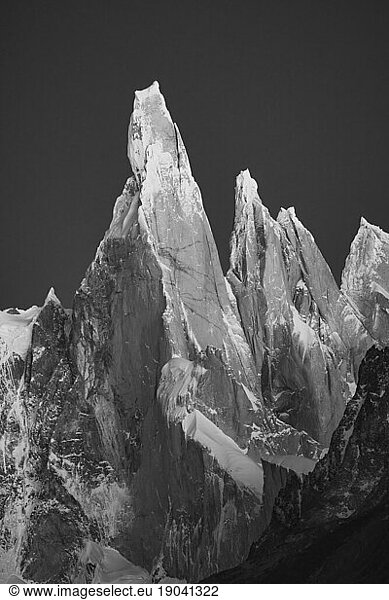 Cerro Torre peak in black and white