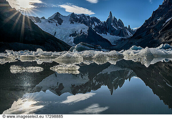 Cerro Torre reflected in lagoon at sunset
