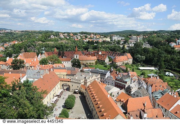 Cesky Krumlov Czech Republic Look of the town and Moldava RIver from the Red Tower’s viewpoint