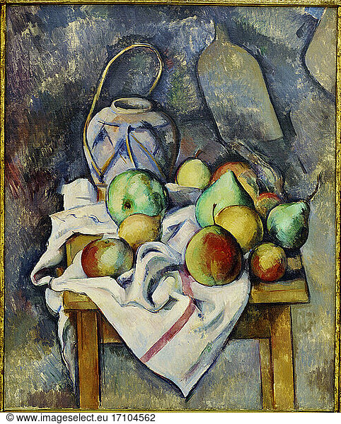 Cezanne  Paul 1839–1906.“Le vase paille (Still life with ginger pot and fruit)  c. 1895.Oil on canvas  73 × 60cm.Merion (Pa)  the Barnes Foundation.