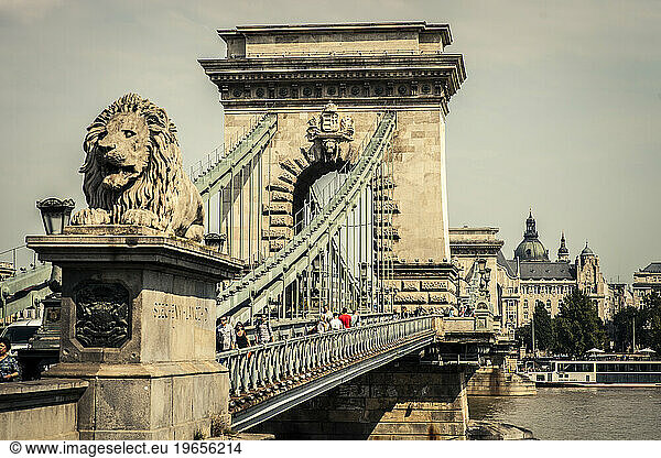 Chain bridge crossing the Danube River in Budapest  Hungary.