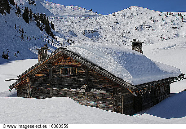 Chalet under the snow   Alps . Swiss