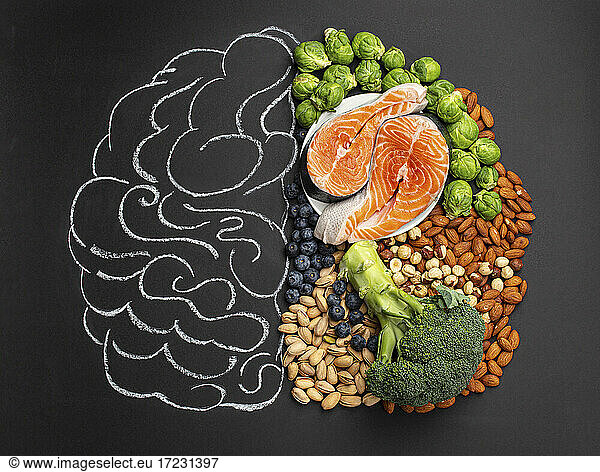 Chalk hand drawn brain with assorted food  food for brain health and good memory