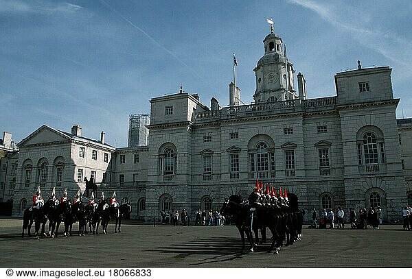 Changing of the guard of the Mounted Horse Guard Soldiers  Whitehall  London  England  Great Britain  Changing of the guard of the Mounted Horse Guard Soldiers  Great Britain  Europe  landscape format  horizontal