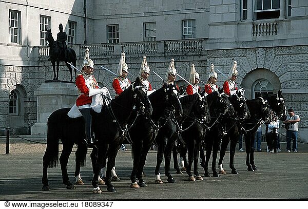 Changing of the guard of the Mounted Horse Guard Soldiers  Whitehall  London  England  Great Britain  Changing of the guard of the Mounted Horse Guard Soldiers  Great Britain  Europe  landscape format  horizontal