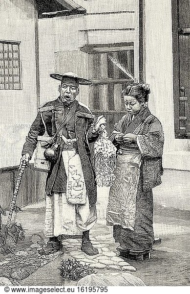 Characters  customs and traditions of the Japanese  street vendor. Japan. Old XIX century engraved illustration from La Ilustracion Espa?ola y Americana 1894.