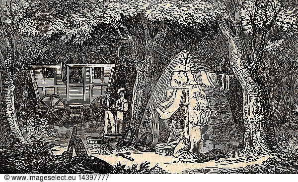 Charcoal burner"s caravan and cabin in a wood in the Hythe region of Kent  England. The charcoal burners would spend the summer in the woods cutting wood and producing charcoal  living with their families in caravans or  more usually  in rough cabins constructed of wood and turf. Woodcut from "The Saturday Magazine" (London  9 January 1836).