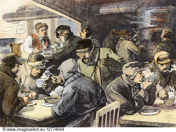 CHARITIES: NEW YORK. Relief to the poor of New York City at the Car Drivers' Coffee-Room on 7th Avenue and 50th Street  operated under the auspices of the Woman's Christian Temperance Union. Wood engraving  American  late 19th century.