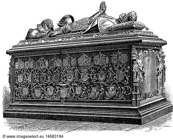 Charles I 'the Bold'  10.11.1433 - 5.1.1477  Duke of Burgundy 15.6.1467 - 5.1.1477  tomb  Notre Dame  Bruges  wood engraving  19th century