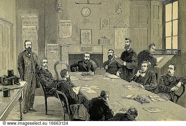 Charles Stewart Parnell (1846-1891). Irischer nationalistischer Politiker. Sitzung des Rates der Agrarischen Liga unter dem Vorsitz von Parnell in Dublin  Irland  1880. Kupferstich von Capuz.