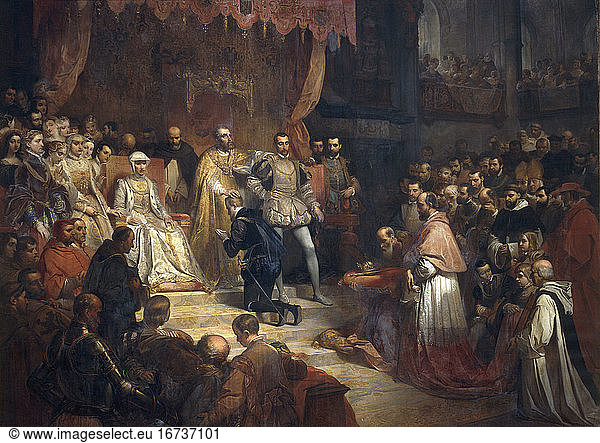 Charles V  Holy Roman Emperor and King of Spain  1500–1558 announced his abdication of the Netherlands territories in favour of his son Philipp II of Spain on October 25  1555 in the Royal Palace of Brussels.'L’abdication de Charles Quint' (The Abdication of Charles V)  1841.By Louis Gallait (1810–1887) Oil on canvas  485 × 683 cm Inv. no. 238 Tournai  Musée des Beaux-Arts.