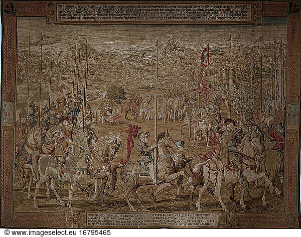 Charles V  Holy Roman Emperor and King of Spain; 1500–1558. Campaign of Charles V against Tunis  1535: The Emperor inspects the army at Barcelona. Tapestry  1548/54  by Willem de Pannemaker after a 1546/47 design by Jan Cornelisz Vermeyen (c. 1490–1559).
Wool  silk and gold/silver threads  532 × 715 cm (from a twelve-part series).
Inv. A325–10761
Madrid  Patrimonio Nacional.
