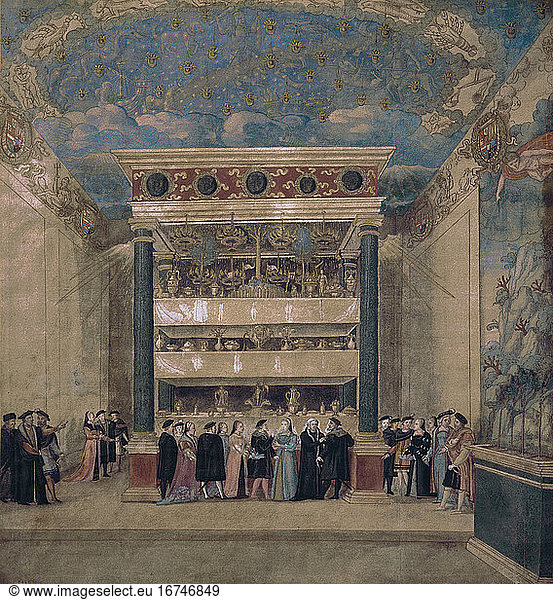 Charles V  Roman-German Emperor and King of Spain  1500–1558.“The magician’s chamber in the castle of Binche during the festivities of 1549 (visit by Charles and son of Philip to Mary of Hungary  sister of Charles and the governor of the Netherlands  Aug. 1549  vr  Karl  Maria  Schw. Eleonore  Philipp). –Drawing  1549  anonymous  feather with brown ink (..)  409 × 387 mm. Inv. F12931  plano CBrussels  Bibliothèque Royale.