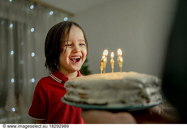 Cheerful cute boy with father holding birthday cake at home