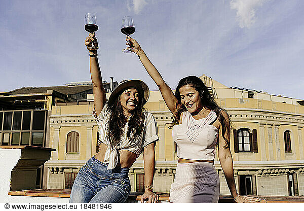 Cheerful friends cheering with wineglasses on sunny day