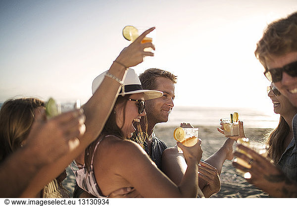 Cheerful friends enjoying drinks at beach