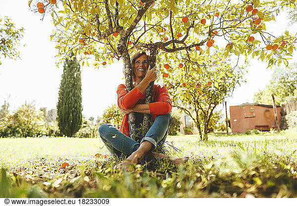 Cheerful mature woman hugging orange fruit tree