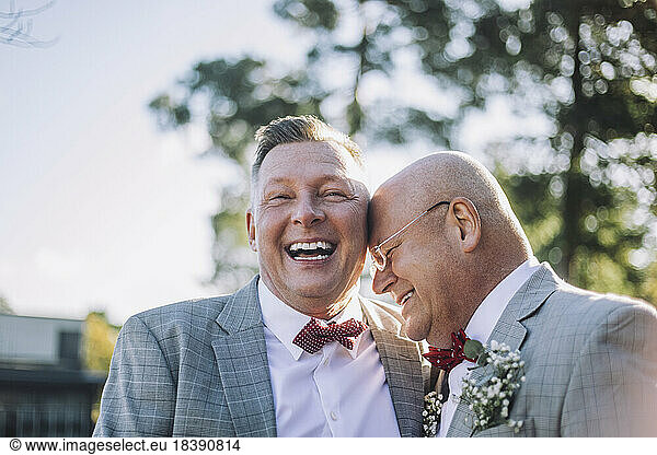 Cheerful newlywed gay couple laughing together at wedding