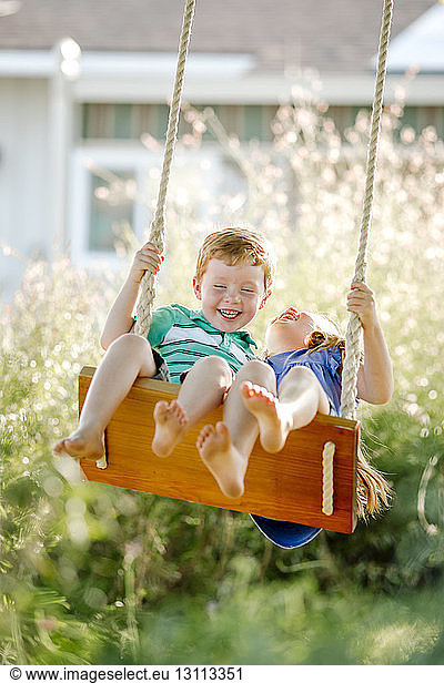 Cheerful siblings swinging on rope swing at front yard