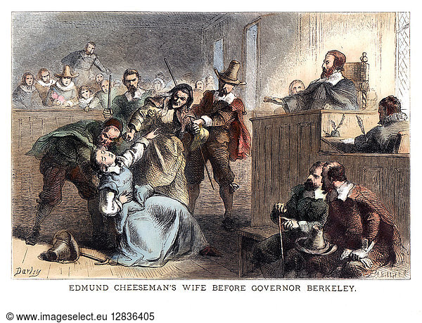 CHEESMAN'S WIFE  1677. The wife of Edmund Cheesman (or Chisman) faints before Governor William Berkeley of Virginia  1677  after unsuccessfully pleading for a pardon for her husband  a participant in Bacon's Rebellion. Wood engraving  1877  after Felix O.C. Darley.