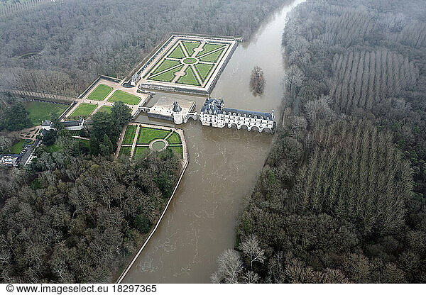 Chenonceau castle with the river Le Cher passing below in winter period - aerial view - Indre et Loire - France