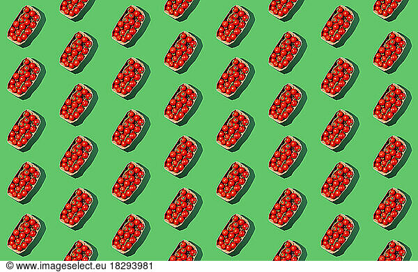 Cherry tomatoes arranged in boxes on green background