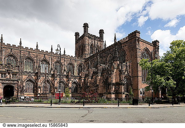 Chester Cathedral  tower and South transept from Southwest  Chester  Cheshire  England  United Kingdom  Europe
