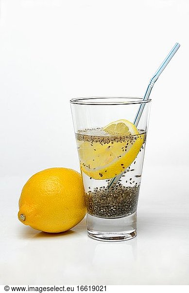 Chia seeds  swollen  in glass of water with lemon slice  Germany  Europe