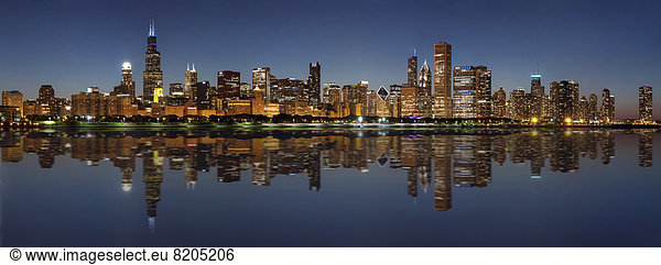 Chicago skyline lit up at night  Chicago  Illinois  United States