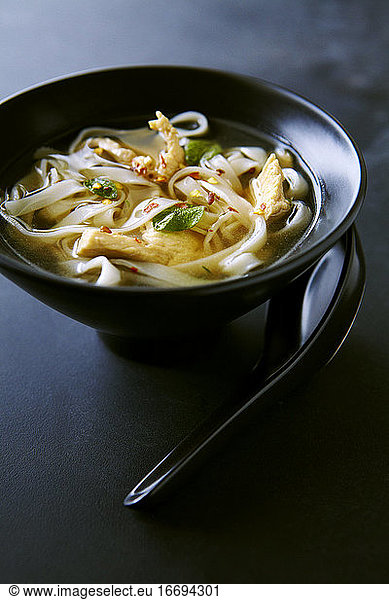 Chicken Noodle Soup in Bowl with Spoon
